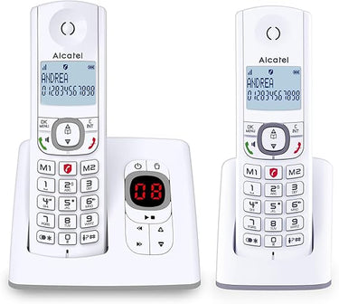 ALCATEL F530 Voice Dúo - Teléfono Inalámbrico DECT Con Contestador - Gran Pantalla Retroiluminada - Manos Libres - Bloqueo de Llamadas - 2 Teclas de Memoria Directa - 2 terminales - Blanco/Gris